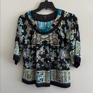 Nicole Miller Women's Black and Blue Patterned Blouse
